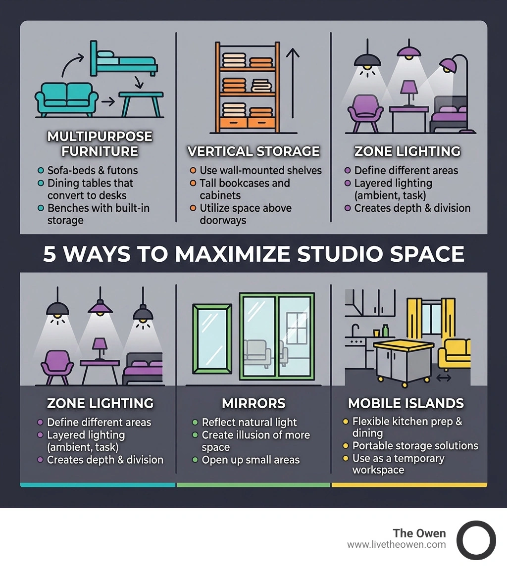 Infographic showing 5 ways to maximize studio space: multipurpose furniture, vertical storage, zone lighting, mirrors, and Infographic showing 5 ways to maximize studio space: multipurpose furniture, vertical storage, zone lighting, mirrors, and