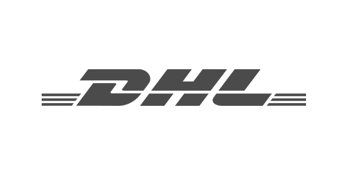 DHL logo in bold red letters with a yellow background and speed lines.