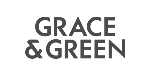 Logo with the words GRACE and GREEN stacked vertically in a stylized pixelated font.
