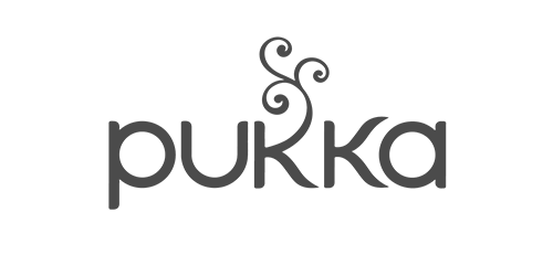 'pukka' brand logo with a small leaf design integrated above the letter 'k'.