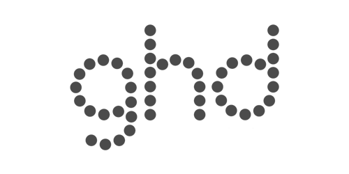 The word 'ghd' spelled out in lowercase letters using evenly spaced dark gray dots on a white background.
