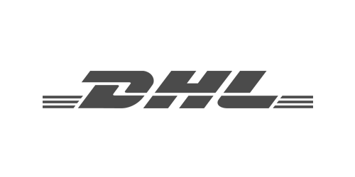 DHL brand name in stylized bold letters with horizontal speed lines.