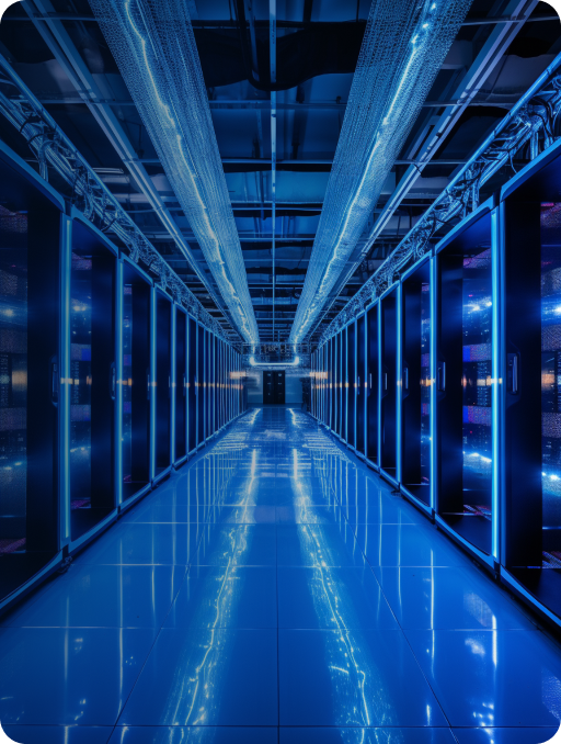 Server room corridor bathed in blue light, with servers on the right and left