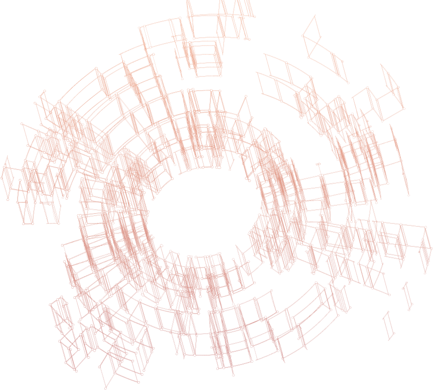 Red lines, circular, net-like, abstract digital structure on a black background.