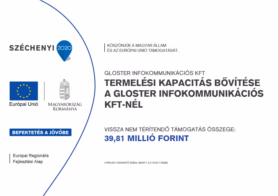 Széchelyi 2020 pályázat hirdetmény a Gloster Infokommunikációs Kft részére 39,81 millió forintról