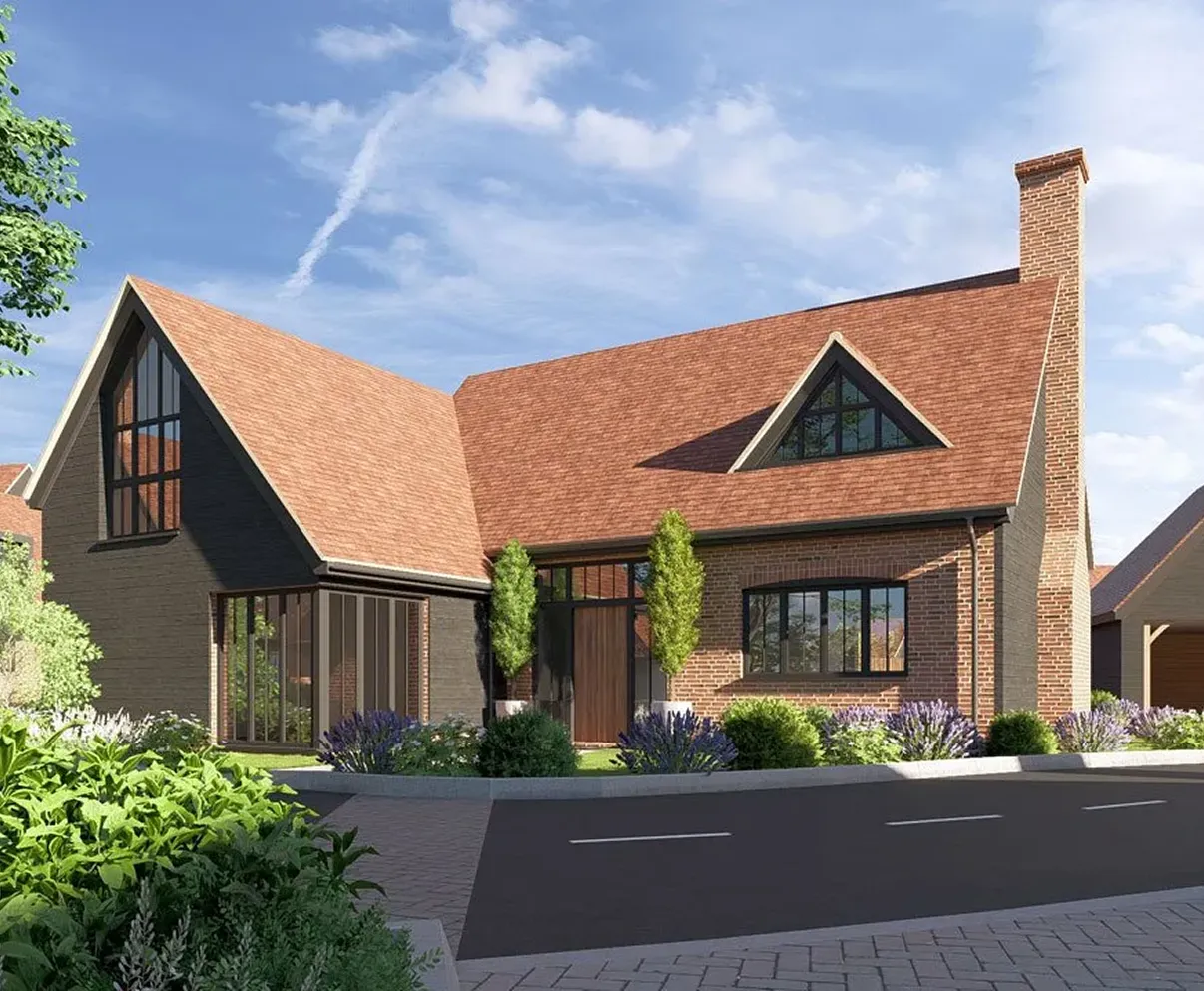 Modern brick house with large windows, triangular rooflines, and landscaped front garden under a blue sky.