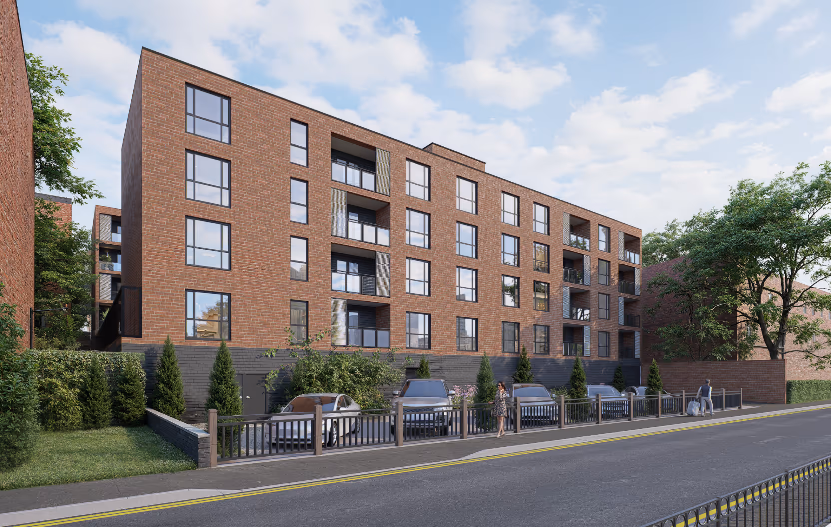 Modern four-story brick apartment building with large windows and balconies, parked cars, and greenery along the street.
