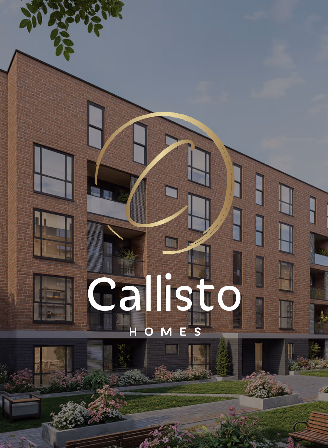 Modern brick apartment building with multiple windows and balconies, landscaped garden in front, and Callisto Homes logo overlay.