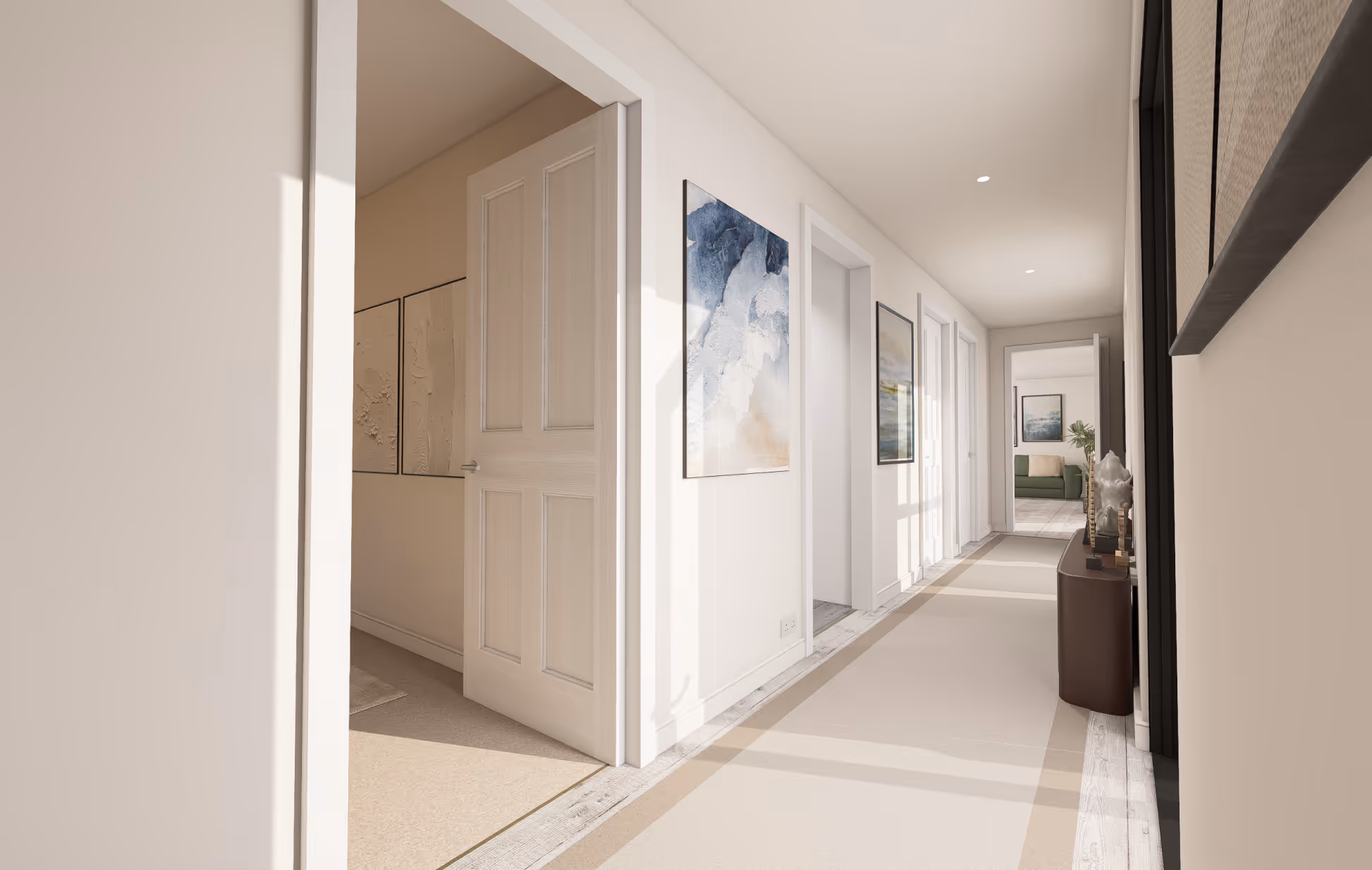 Bright hallway with white walls, open doors, abstract wall art, and a console table with decorative objects.