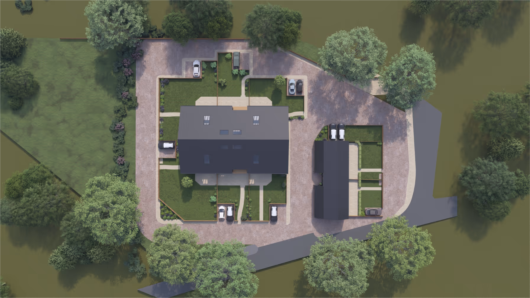 Aerial view of a residential property with two dark-roofed buildings, surrounding green lawns, driveways, parked cars, and trees.