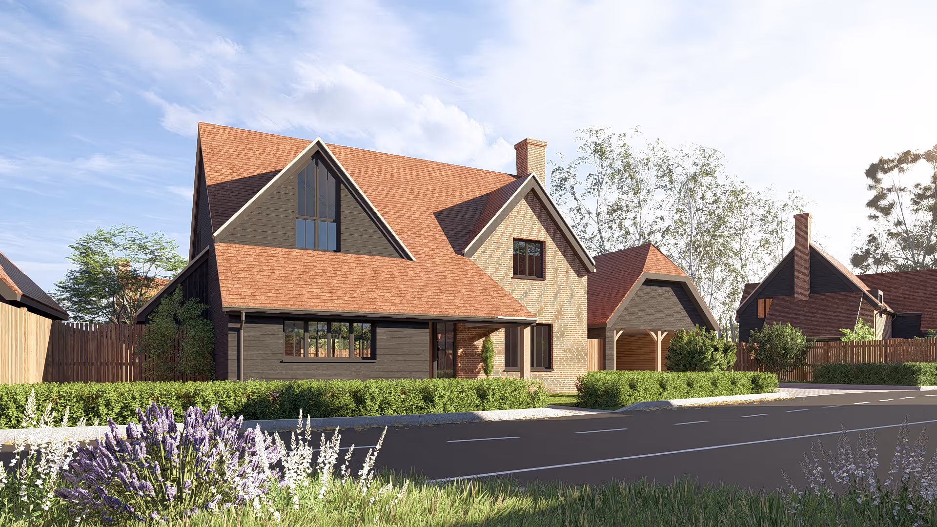 Modern suburban house with a red tiled roof, brick and dark siding, surrounded by green shrubs and purple flowers, under a partly cloudy sky.
