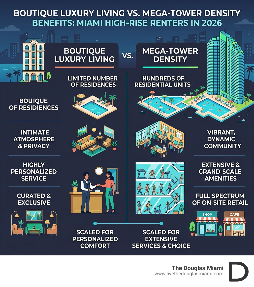Boutique luxury living vs. mega-tower density benefits infographic for Miami high-rise renters in 2026 - high rise Boutique luxury living vs. mega-tower density benefits infographic for Miami high-rise renters in 2026 - high rise
