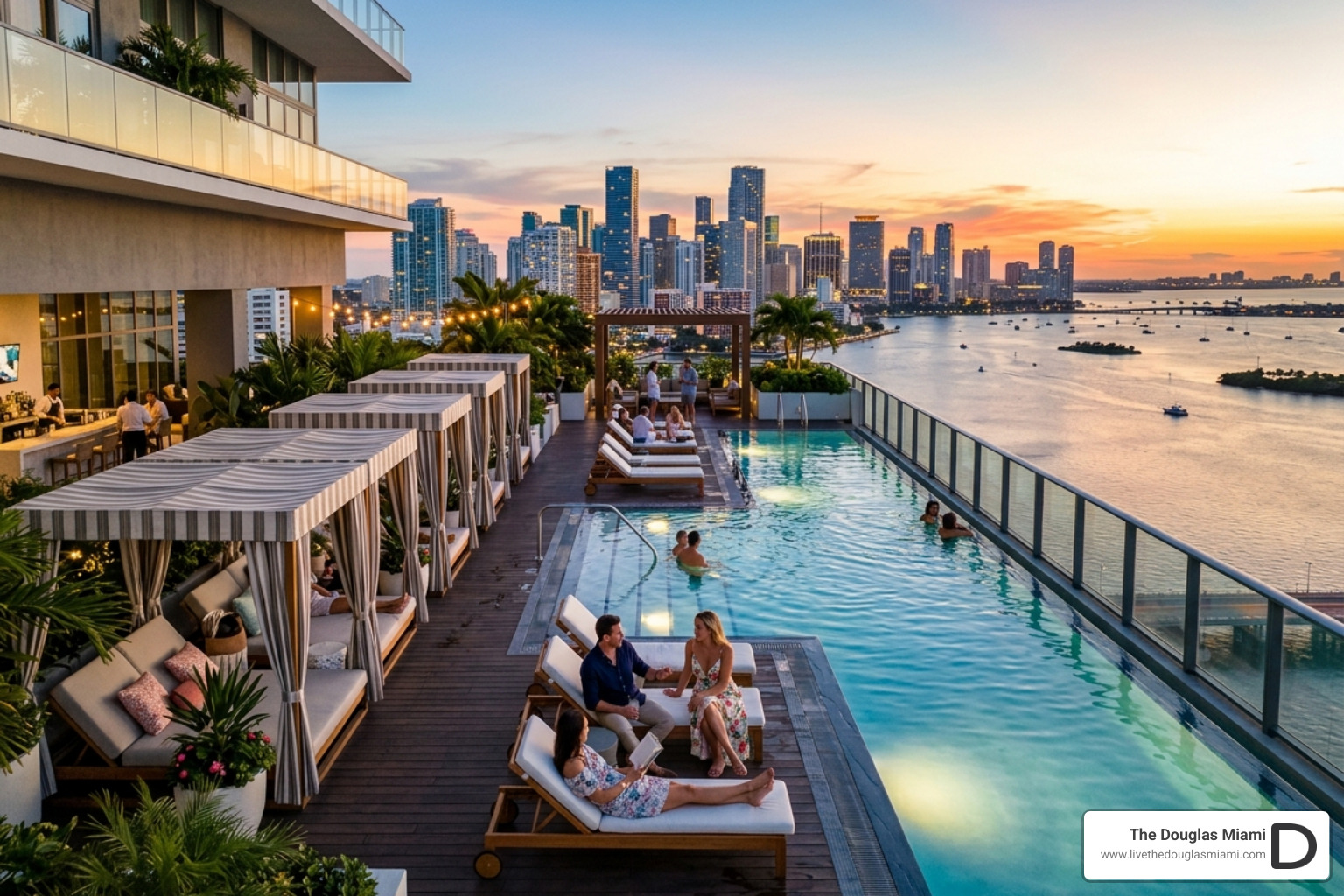 Rooftop amenity deck with a luxury pool overlooking the Miami skyline - high rise apartments miami Rooftop amenity deck with a luxury pool overlooking the Miami skyline - high rise apartments miami