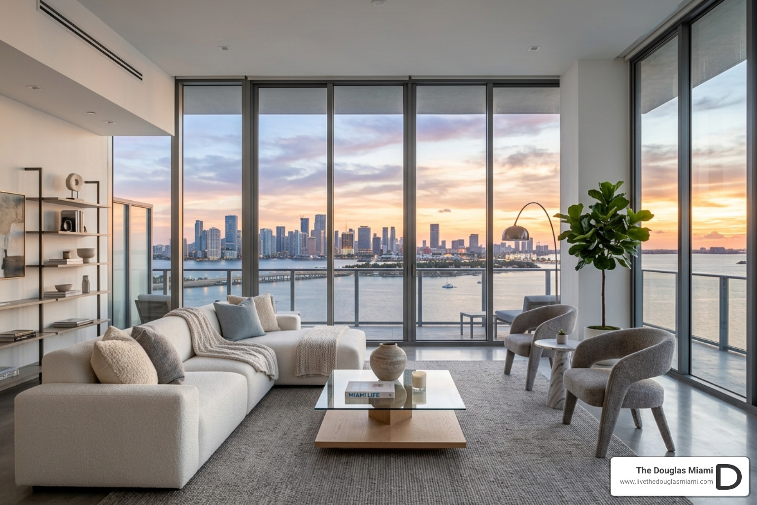 Modern living room with floor-to-ceiling windows overlooking Miami bay - high rise apartments miami Modern living room with floor-to-ceiling windows overlooking Miami bay - high rise apartments miami