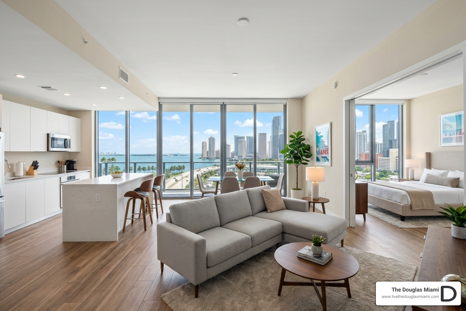 Open-concept apartment interior with floor-to-ceiling windows and porcelain flooring - modern one bedroom rentals Miami Open-concept apartment interior with floor-to-ceiling windows and porcelain flooring - modern one bedroom rentals Miami