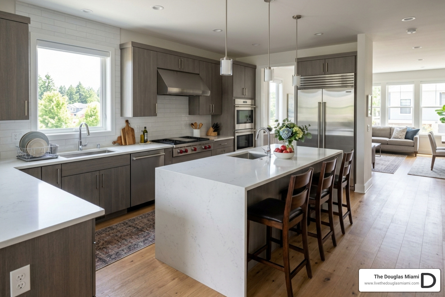 Luxury apartment kitchen with premium stainless steel appliances and quartz countertops - 3 bedroom apartments available now Luxury apartment kitchen with premium stainless steel appliances and quartz countertops - 3 bedroom apartments available now