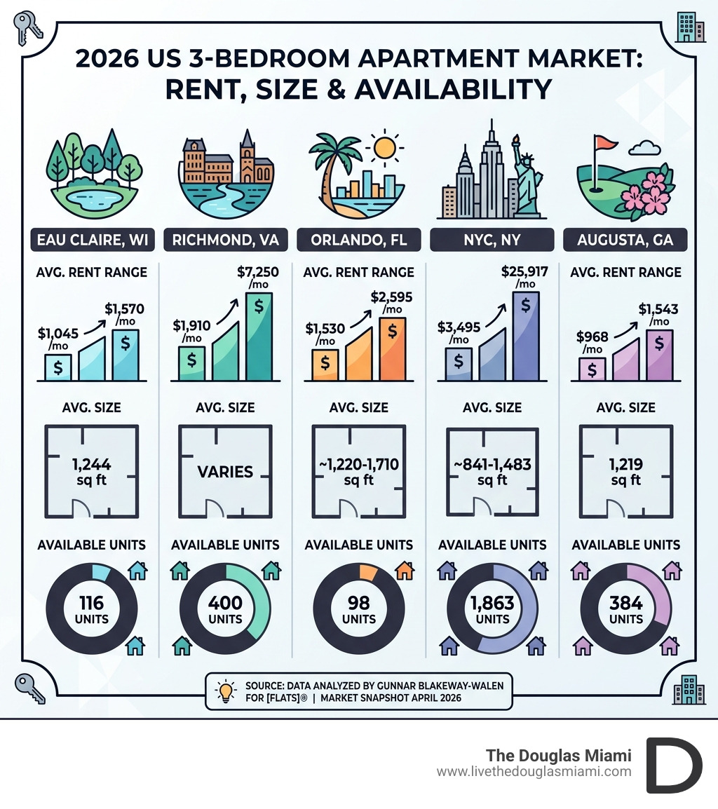 Infographic comparing 3-bedroom apartment rent, size, and availability across major US cities in 2026 - 3 bedroom apartments Infographic comparing 3-bedroom apartment rent, size, and availability across major US cities in 2026 - 3 bedroom apartments