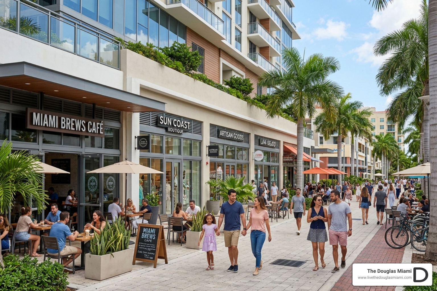 A bustling ground-floor retail promenade with outdoor seating and pedestrians - miami mixed use buildings A bustling ground-floor retail promenade with outdoor seating and pedestrians - miami mixed use buildings