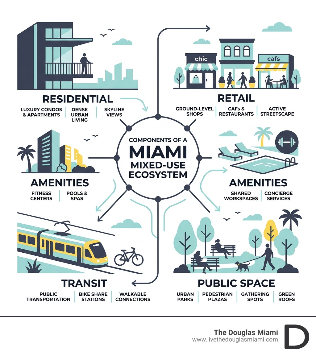 Components of a Miami mixed-use ecosystem: retail, residential, amenities, transit, and public space - miami mixed use Components of a Miami mixed-use ecosystem: retail, residential, amenities, transit, and public space - miami mixed use