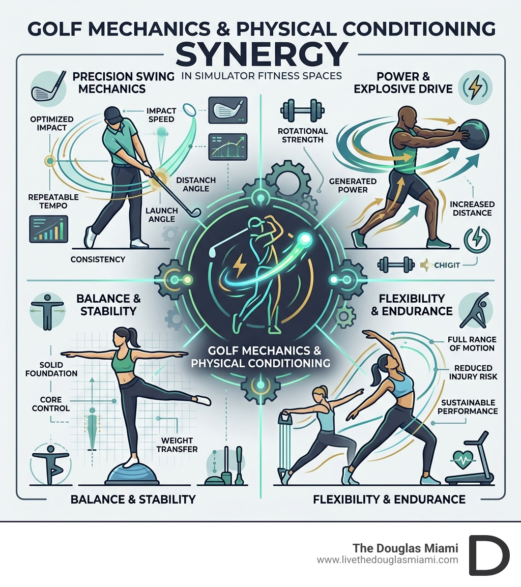Infographic showing the synergy between golf mechanics and physical conditioning in simulator fitness spaces - golf Infographic showing the synergy between golf mechanics and physical conditioning in simulator fitness spaces - golf
