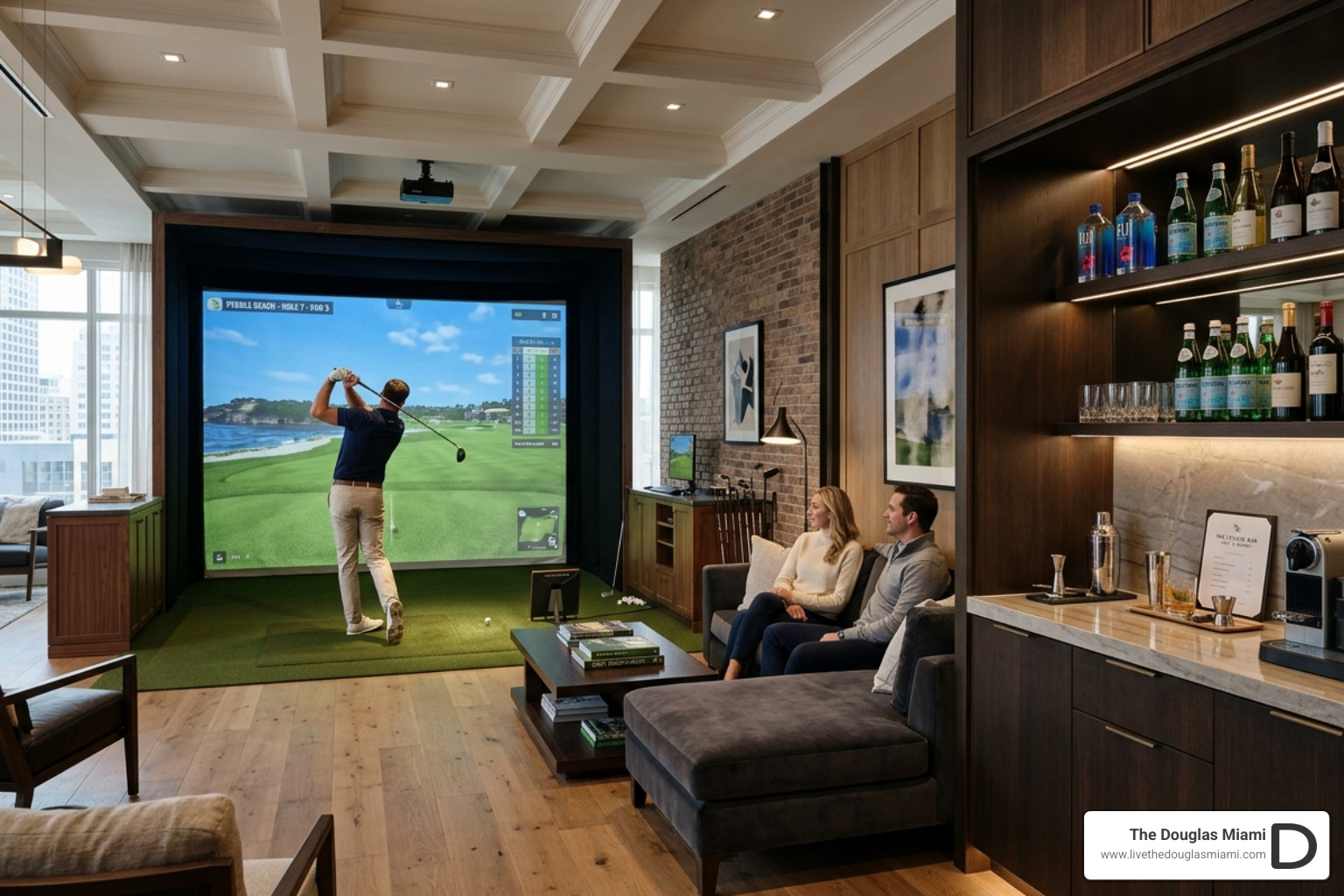 Luxury lounge area with golf simulator and refreshment bar - golf simulator fitness amenities Luxury lounge area with golf simulator and refreshment bar - golf simulator fitness amenities