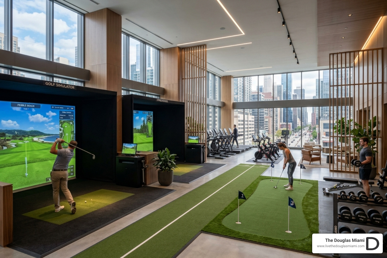 Modern luxury apartment amenity floor with golf and fitness integration - golf simulator fitness amenities Modern luxury apartment amenity floor with golf and fitness integration - golf simulator fitness amenities