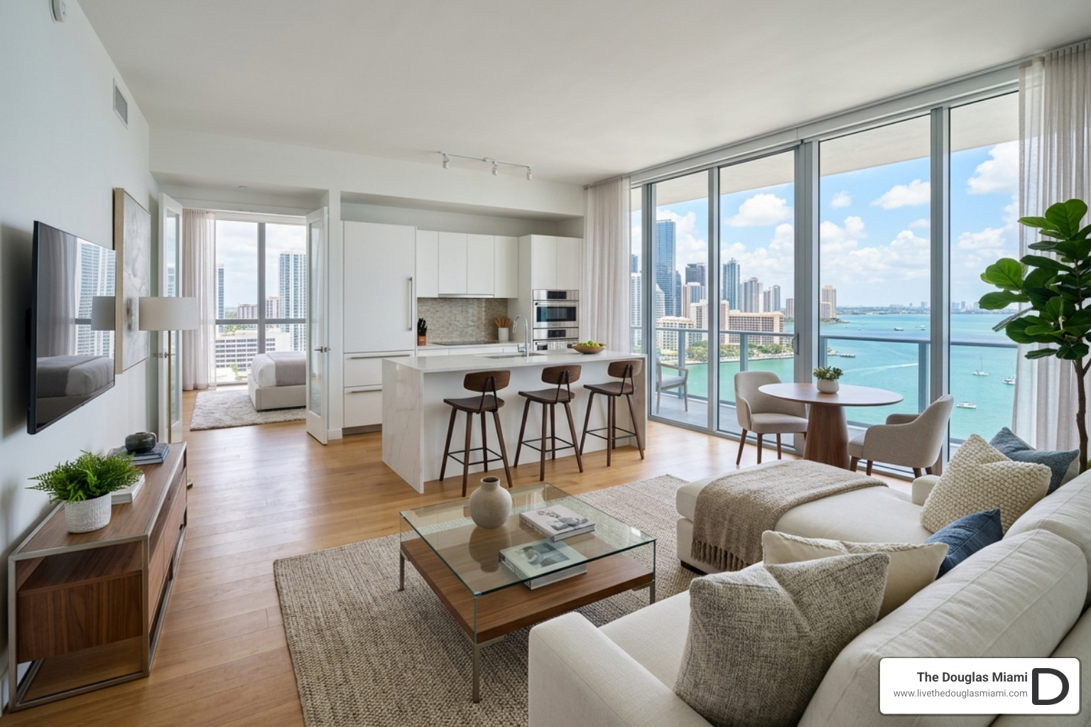 Modern apartment interior in Miami showing open floor plan and city views - 1 bedroom apartment miami fl Modern apartment interior in Miami showing open floor plan and city views - 1 bedroom apartment miami fl