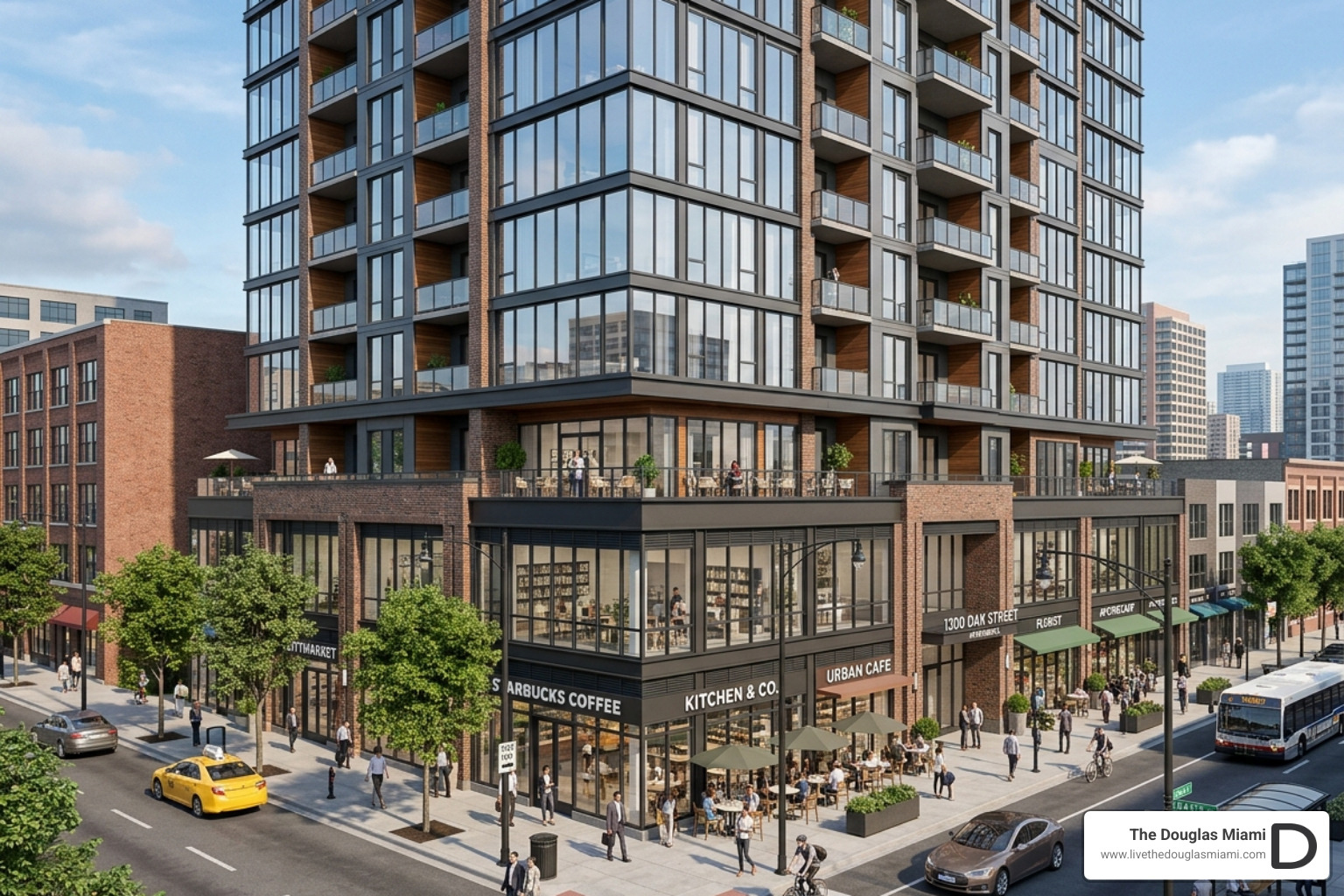 Architectural rendering of a 12-story mixed-use building with retail at the base - 191-unit mixed-use building