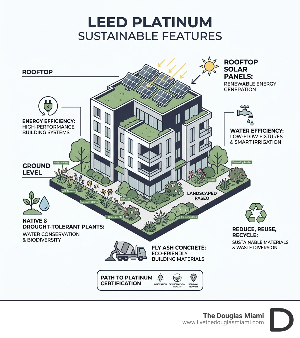 Infographic showing LEED Platinum features like solar panels and native plants - 191-unit mixed-use building infographic Infographic showing LEED Platinum features like solar panels and native plants - 191-unit mixed-use building infographic