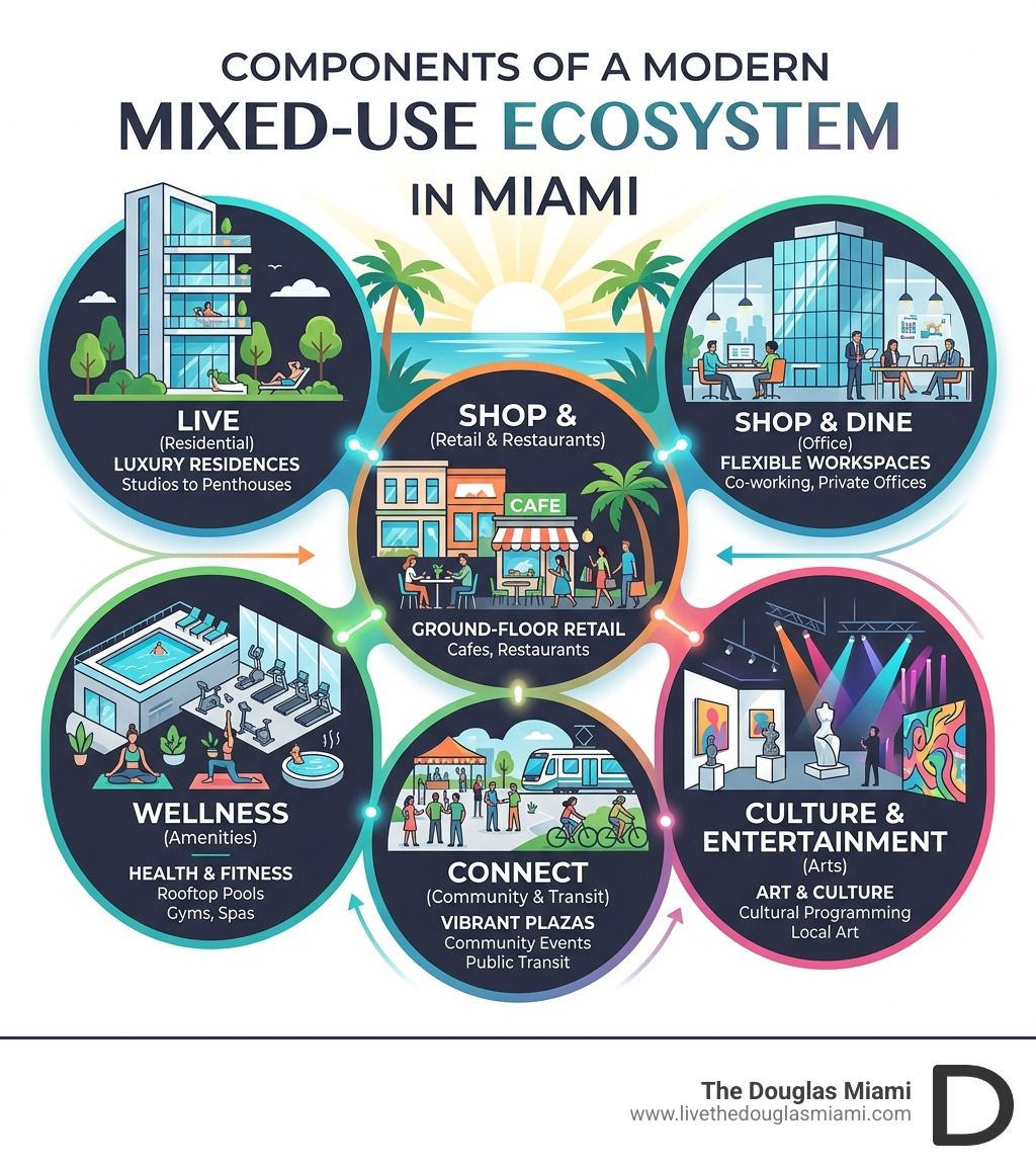 Components of a modern mixed-use ecosystem in Miami infographic - modern mixed-use Miami living infographic Components of a modern mixed-use ecosystem in Miami infographic - modern mixed-use Miami living infographic