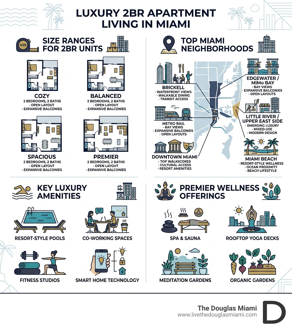 Infographic showing luxury 2BR apartment features: size ranges, top neighborhoods, key amenities, and wellness offerings in Infographic showing luxury 2BR apartment features: size ranges, top neighborhoods, key amenities, and wellness offerings in