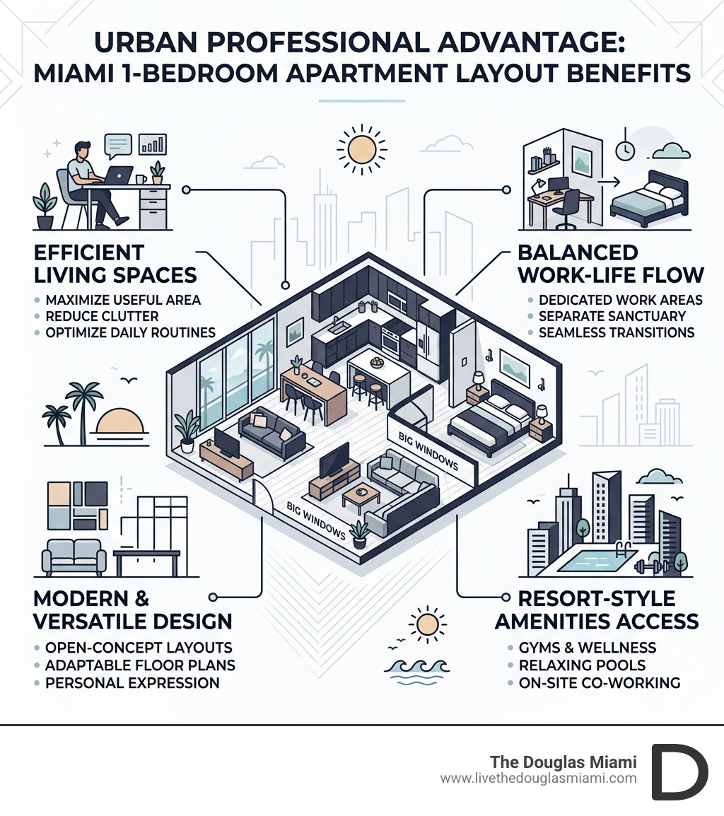 Infographic showing 1-bedroom apartment layout benefits for urban professionals in Miami - 1-bedroom apartments infographic Infographic showing 1-bedroom apartment layout benefits for urban professionals in Miami - 1-bedroom apartments infographic