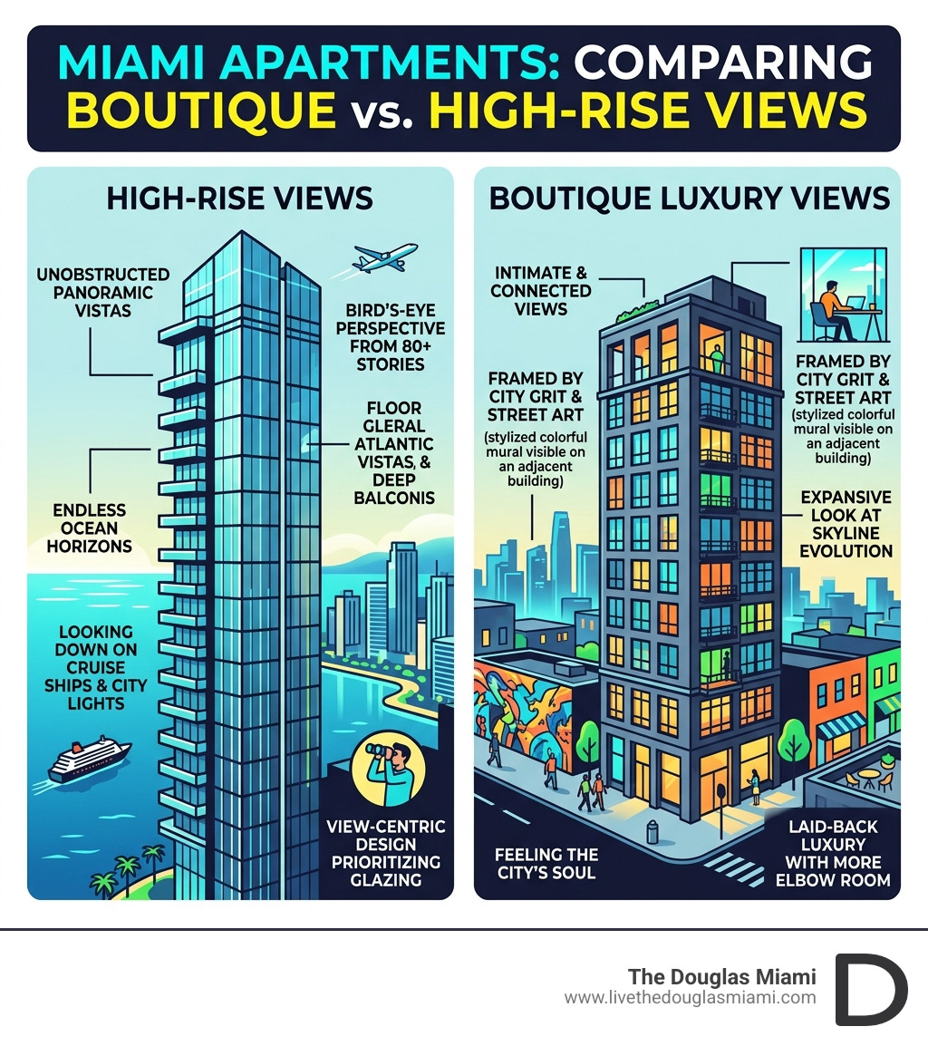 Comparison of boutique vs high-rise views in Miami - miami apartments with views infographic Comparison of boutique vs high-rise views in Miami - miami apartments with views infographic