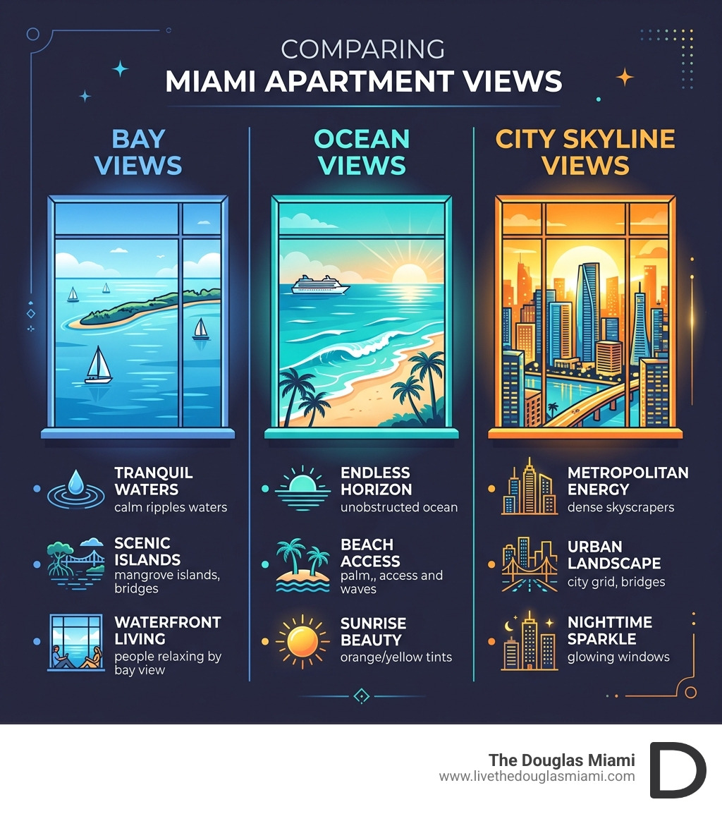 Infographic showing difference between bay views, ocean views, and city skyline views in Miami apartments - miami apartments Infographic showing difference between bay views, ocean views, and city skyline views in Miami apartments - miami apartments