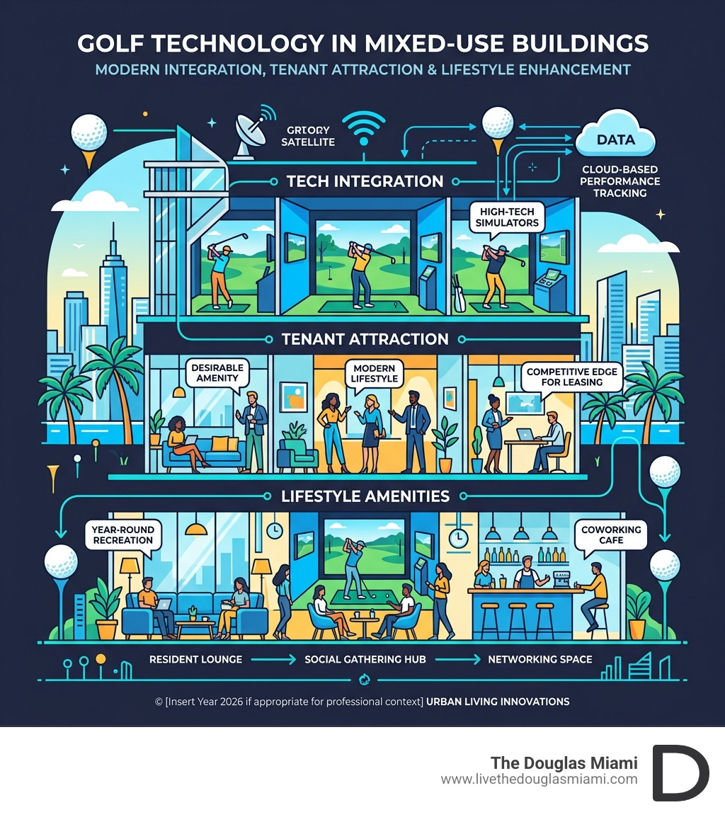 Infographic showing golf technology integration in mixed-use buildings, tenant attraction, and lifestyle amenities - golf Infographic showing golf technology integration in mixed-use buildings, tenant attraction, and lifestyle amenities - golf