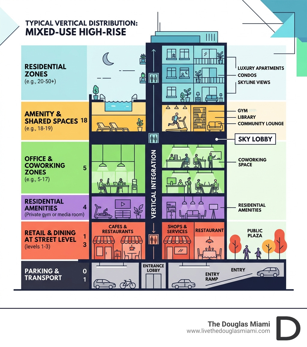 Vertical distribution of residential, office, retail, and amenity zones in a mixed-use high-rise - mixed use high rise Vertical distribution of residential, office, retail, and amenity zones in a mixed-use high-rise - mixed use high rise