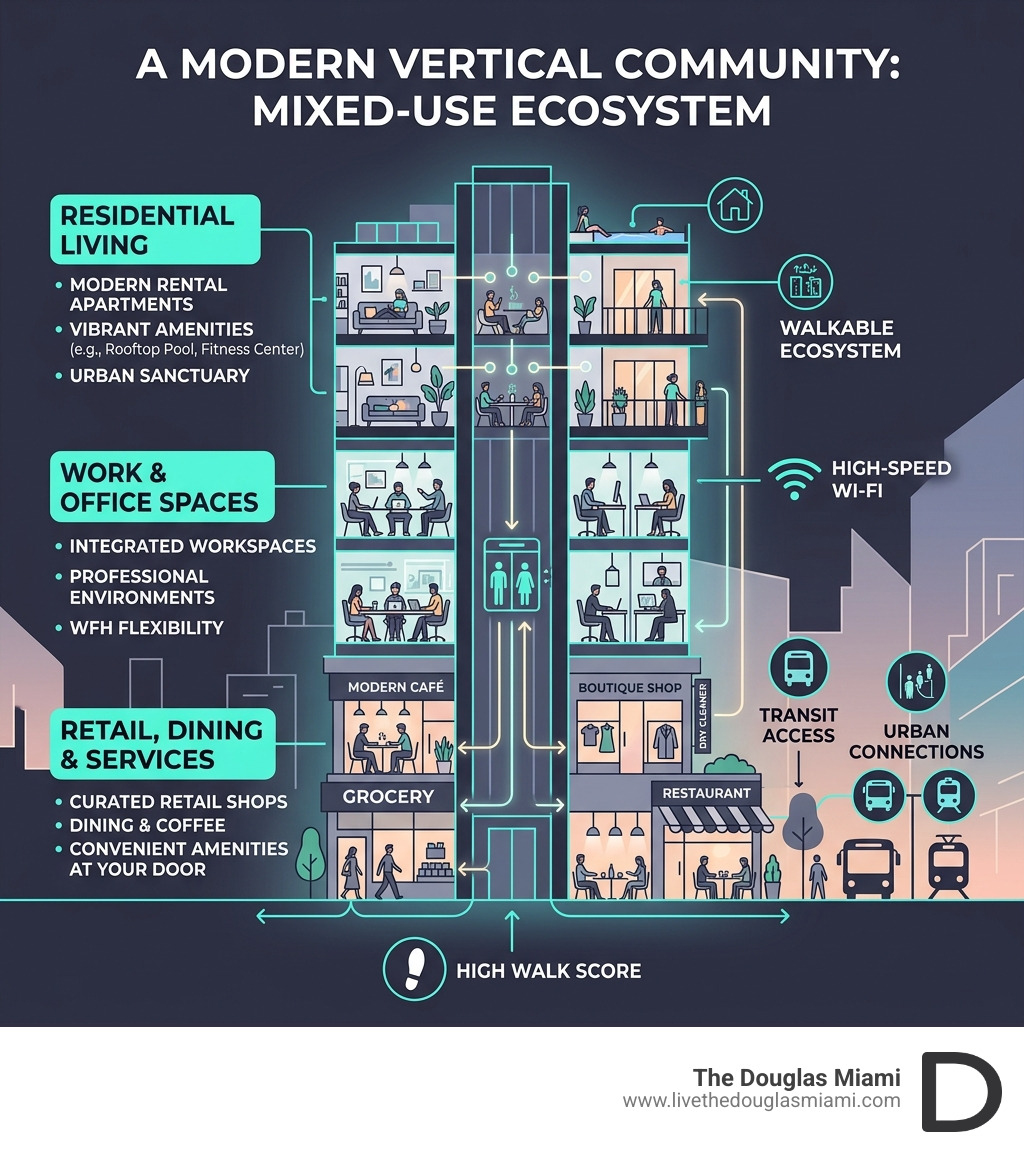 Infographic showing the mixed-use ecosystem with retail, office, and residential layers in a vertical building - modern Infographic showing the mixed-use ecosystem with retail, office, and residential layers in a vertical building - modern