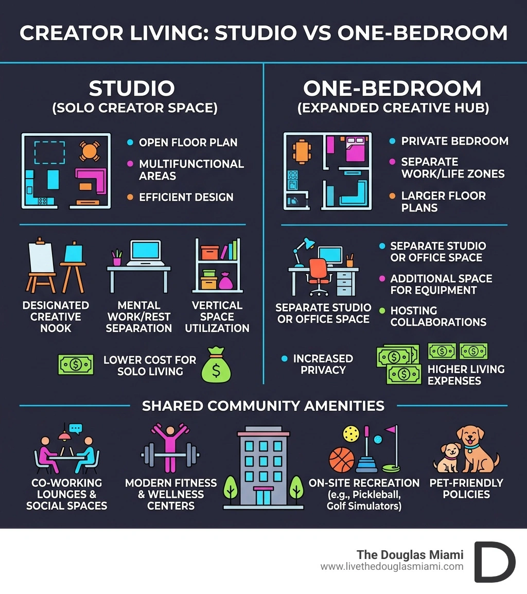 Infographic comparing studio vs one-bedroom features for creators - studios for rent infographic Infographic comparing studio vs one-bedroom features for creators - studios for rent infographic