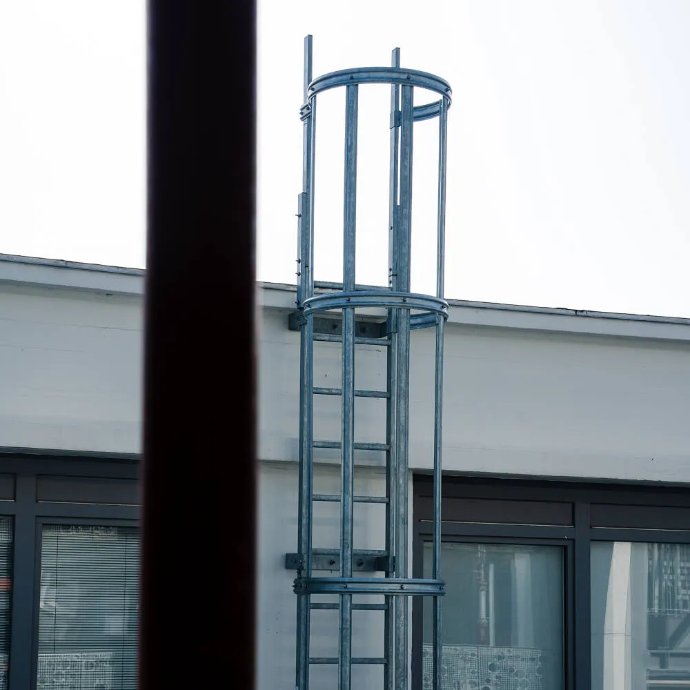 Industriel lejder med sikkerhedsbur i galvaniseret stål, monteret af smed i Field's.