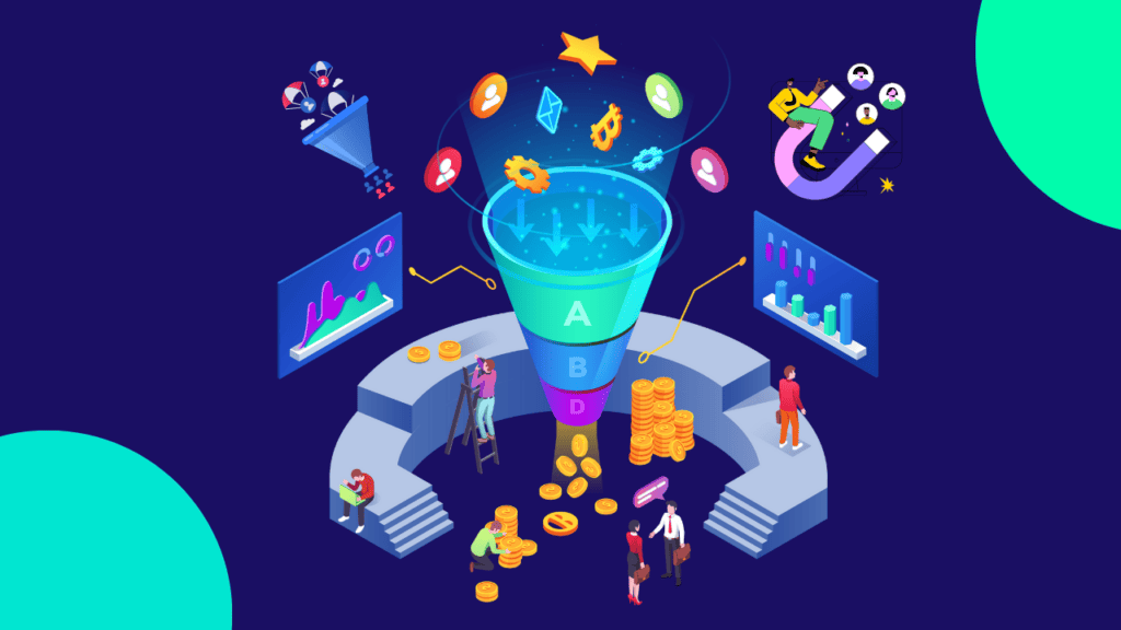 Isometric illustration of AI funnel filtering digital assets and cryptocurrency with people and analytics.