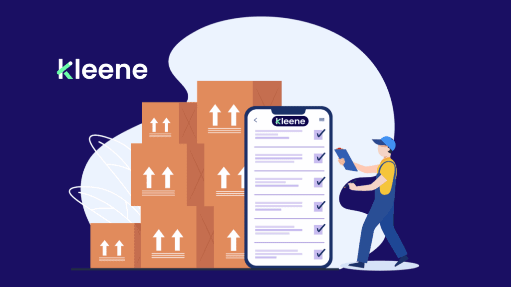 Kleene delivery worker managing shipment boxes and mobile checklist app