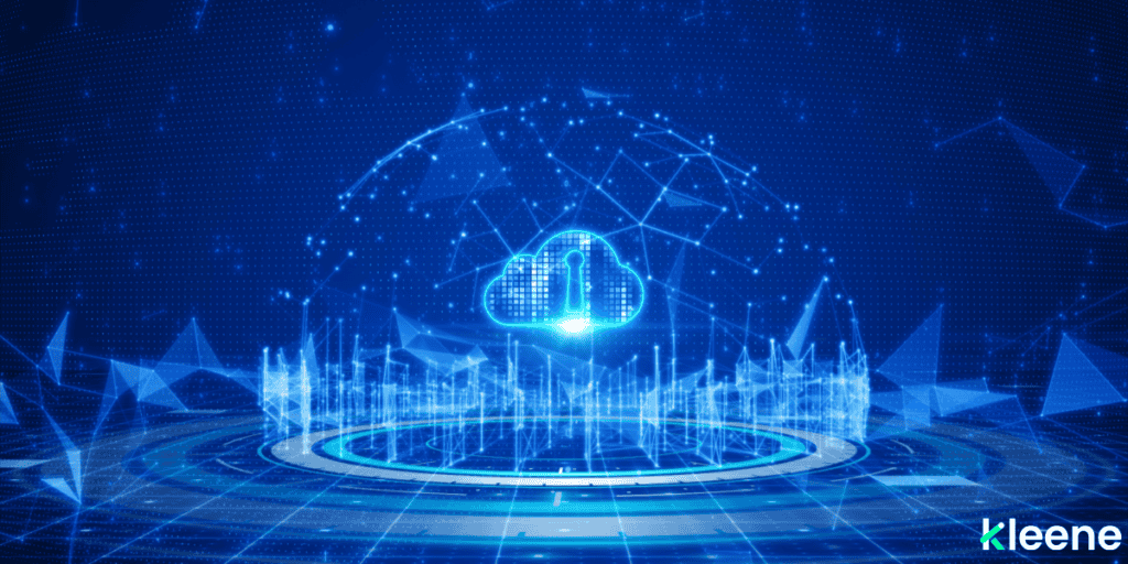 Digital cloud icon with data visualization and network connections on blue background