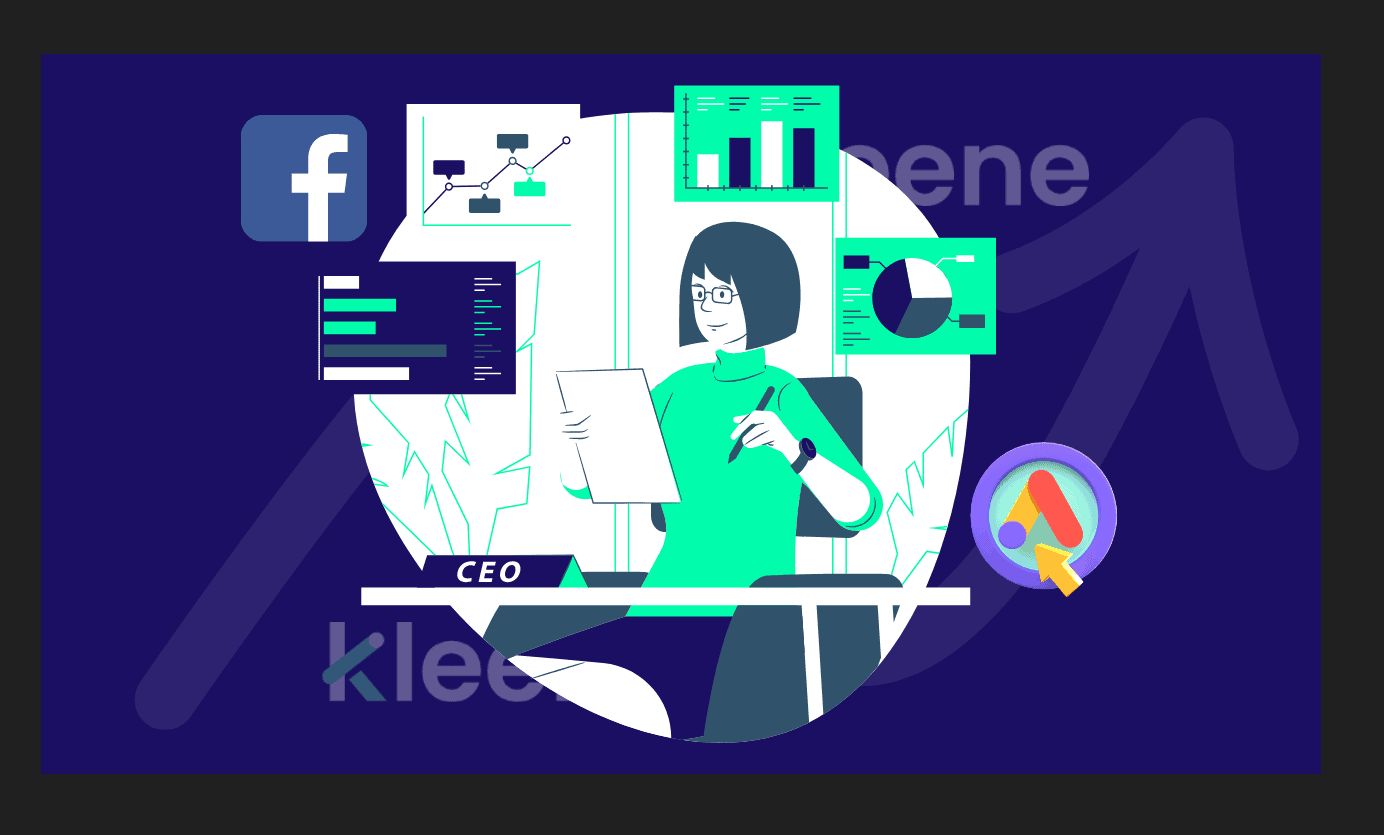 Female CEO analyzing business data and analytics on digital screens and charts