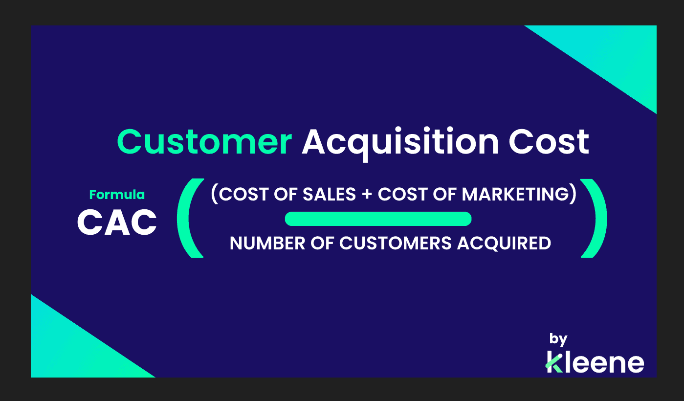 Infographic displaying the Customer Acquisition Cost formula: CAC equals cost of sales plus marketing divided by customers acquired