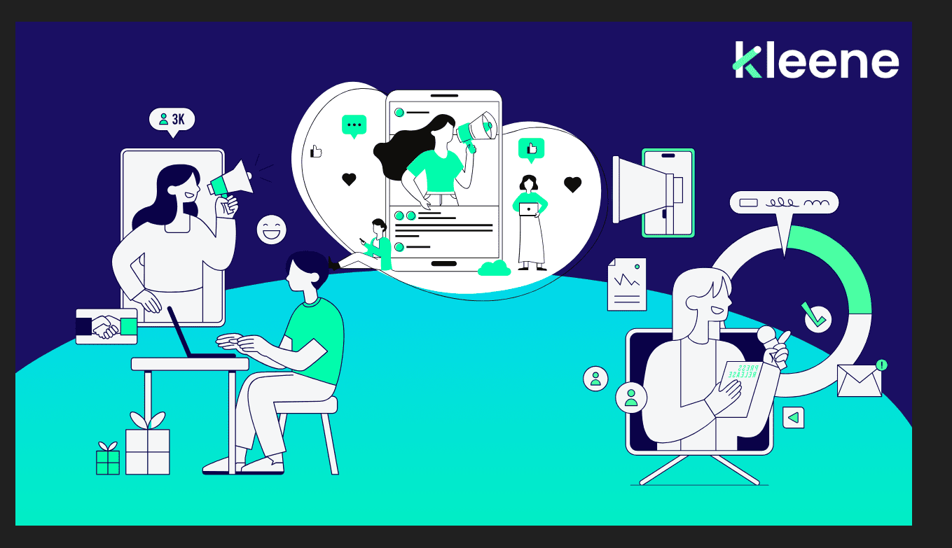 Kleene illustration showing diverse people collaborating on digital projects and social media engagement