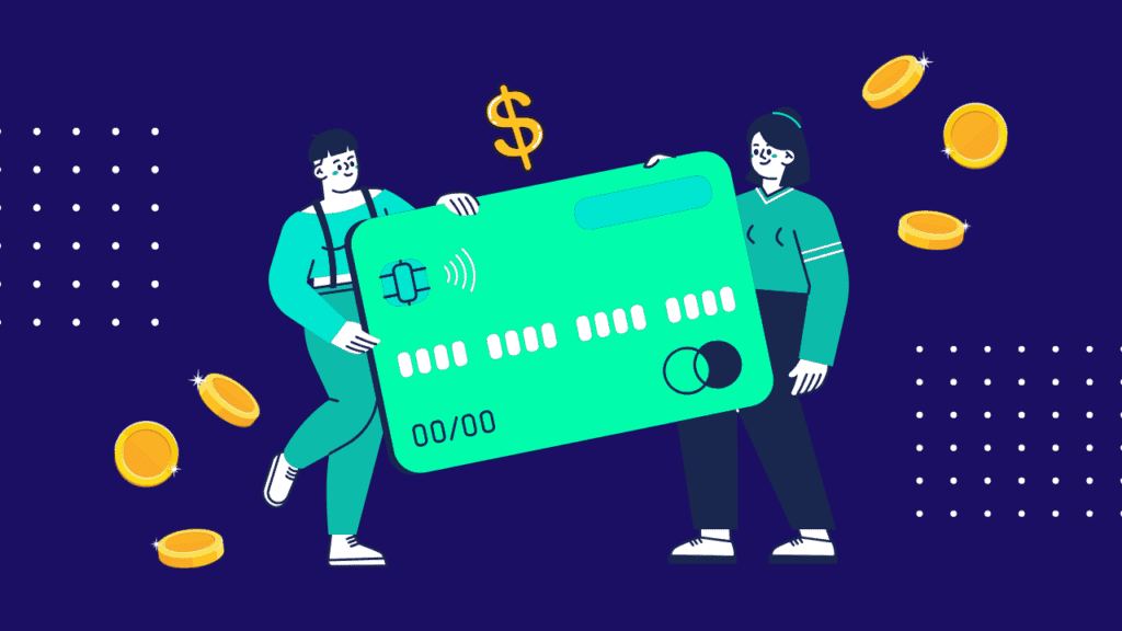 Two people holding large teal credit card with dollar sign and coins floating around on blue background
