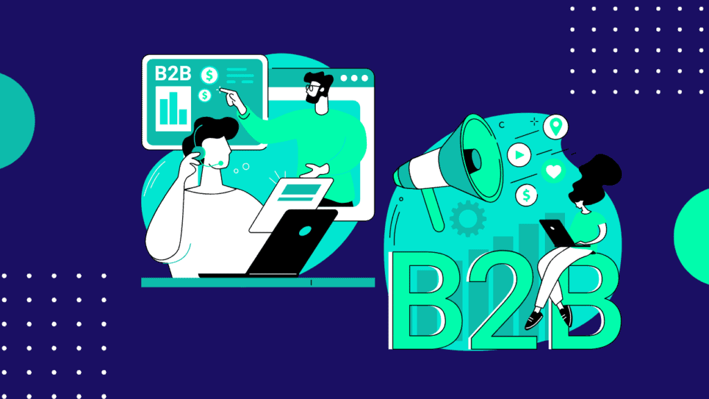 Illustrated business professionals analyzing B2B data and marketing analytics on digital devices