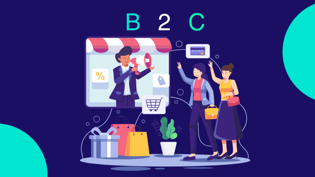 B2C business illustration with merchant, customers, shopping bags, and payment interface icon.