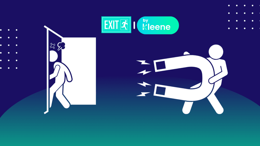 Illustration of two stick figures: one exiting a door, another with magnet attracting them, Kleene branding