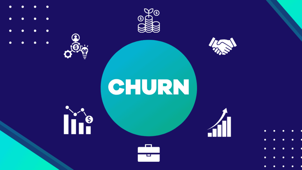 Business infographic with CHURN text surrounded by growth, partnership, and investment icons